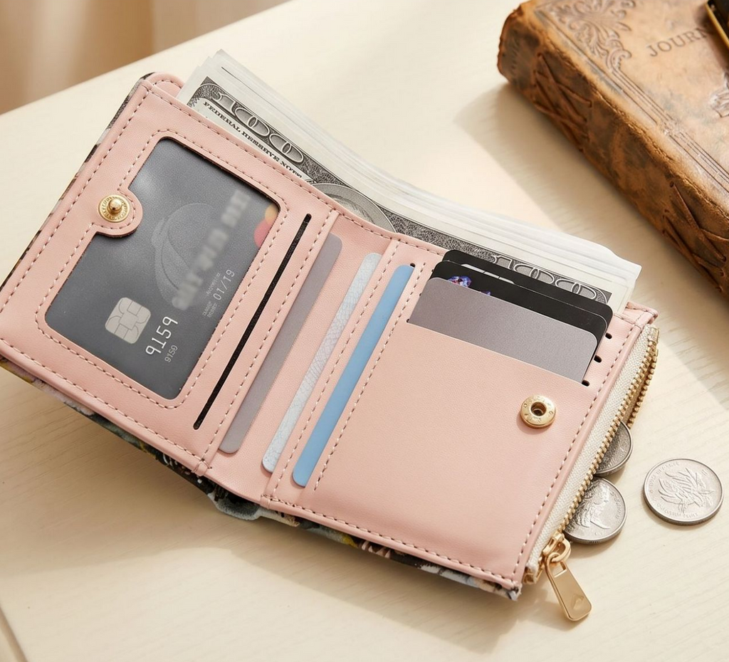 Illustrated Print Bifold Wallet Zip Coin Pocket - Cherry - 2