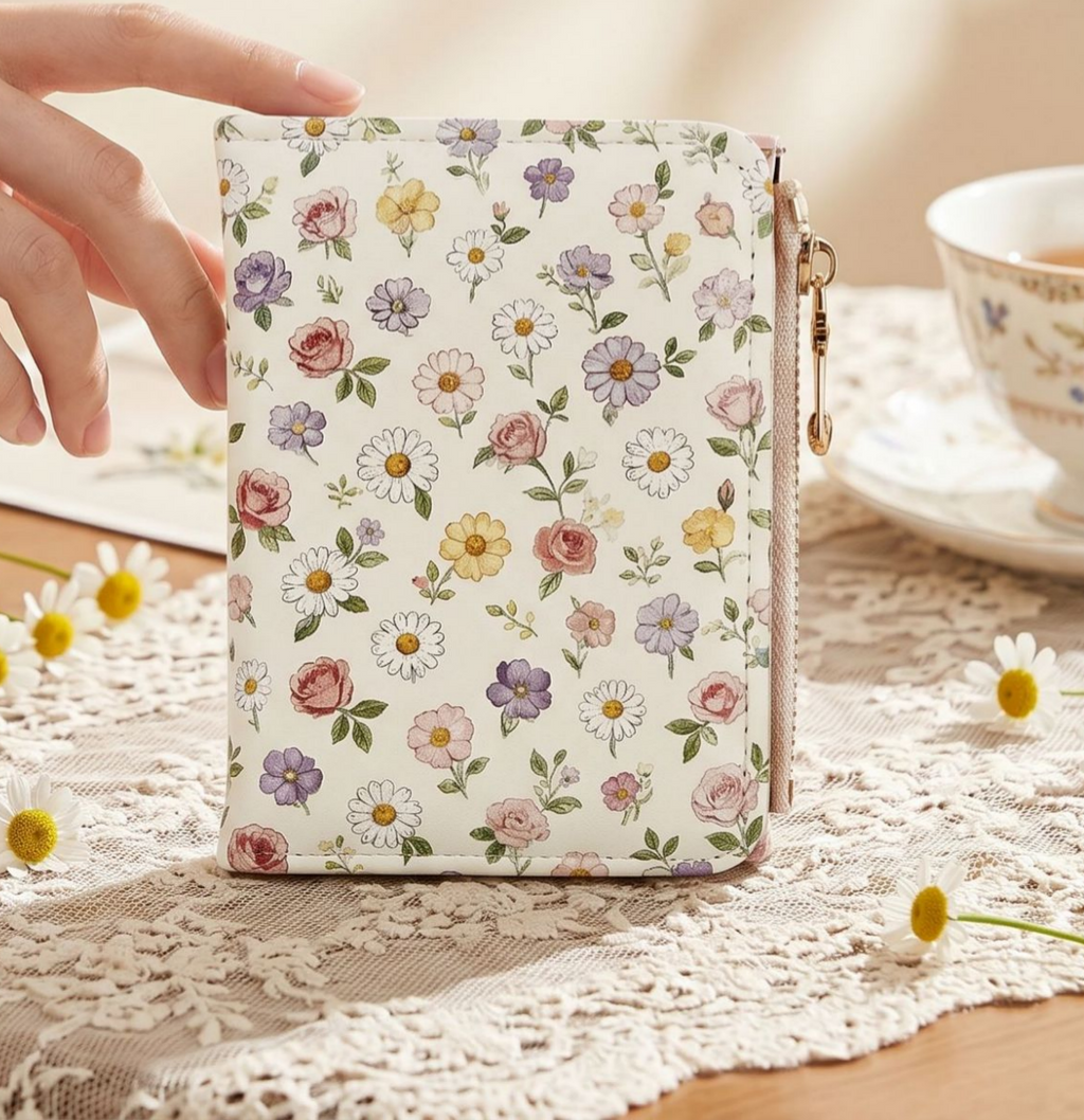 Illustrated Print Bifold Wallet Zip Coin Pocket - Flower