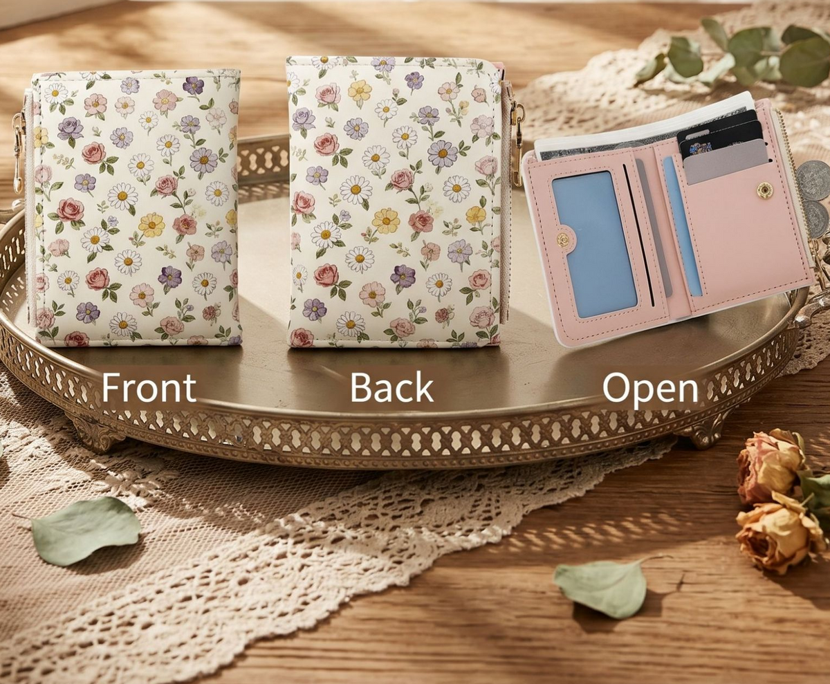 Illustrated Print Bifold Wallet Zip Coin Pocket - Flower - 1
