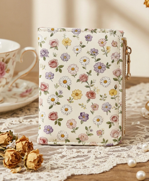 Illustrated Print Bifold Wallet Zip Coin Pocket - Flower - 2