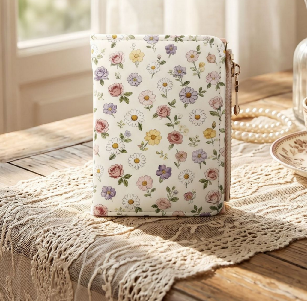 Illustrated Print Bifold Wallet Zip Coin Pocket - Flower - 3