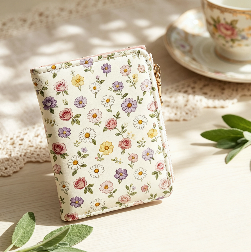 Illustrated Print Bifold Wallet Zip Coin Pocket - Flower - 4