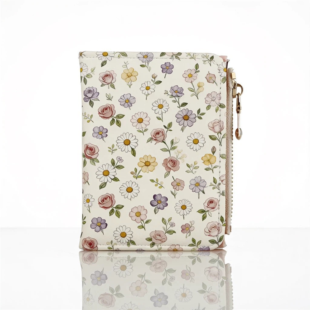 Illustrated Print Bifold Wallet Zip Coin Pocket - Flower - 5