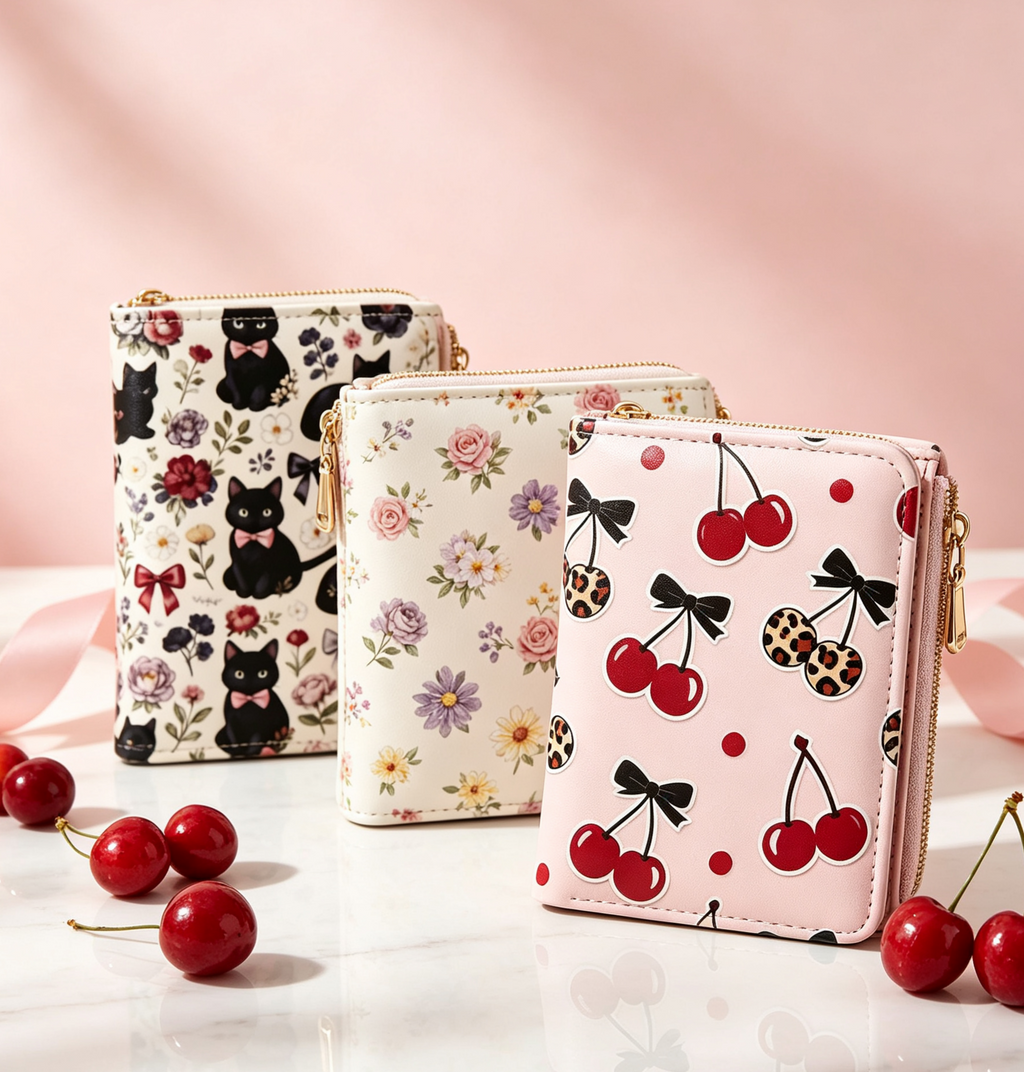Illustrated Print Bifold Wallet Zip Coin Pocket