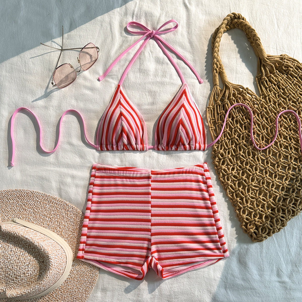 Striped Halter Bikini Top and Swim Shorts - Red