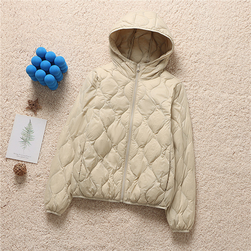 Lightweight Quilted Hooded Down Puffer Jacket - Beige