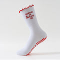 White Cherry Embroidered Ribbed Ruffle Cuff Grip Socks - White