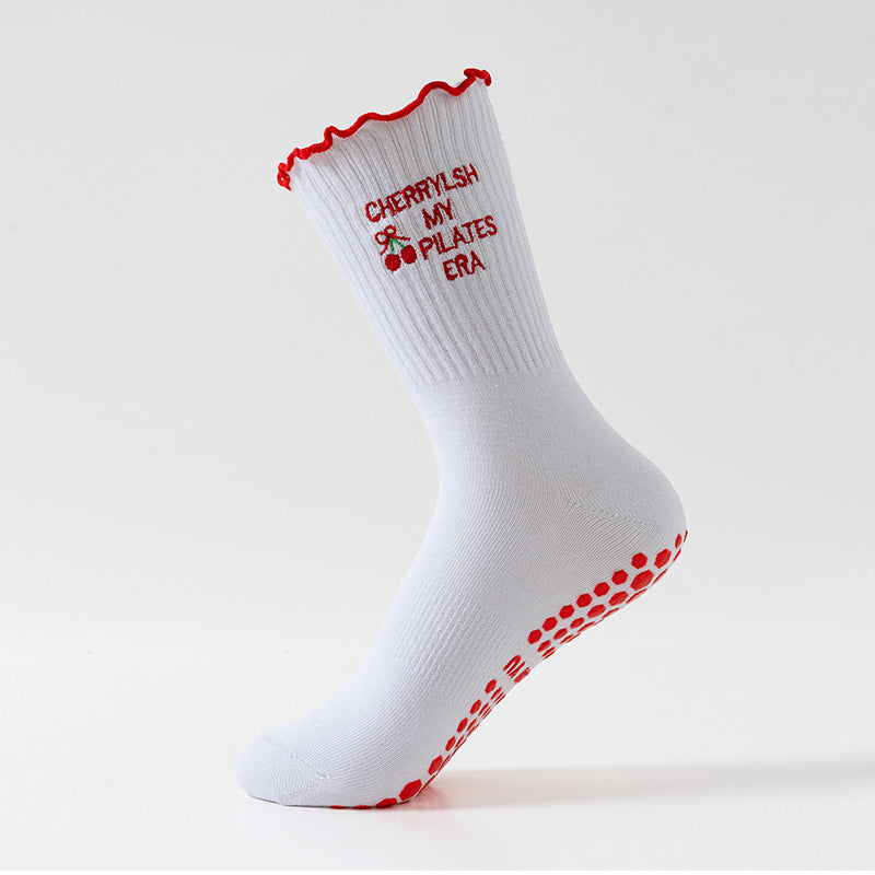 White Cherry Embroidered Ribbed Ruffle Cuff Grip Socks - White