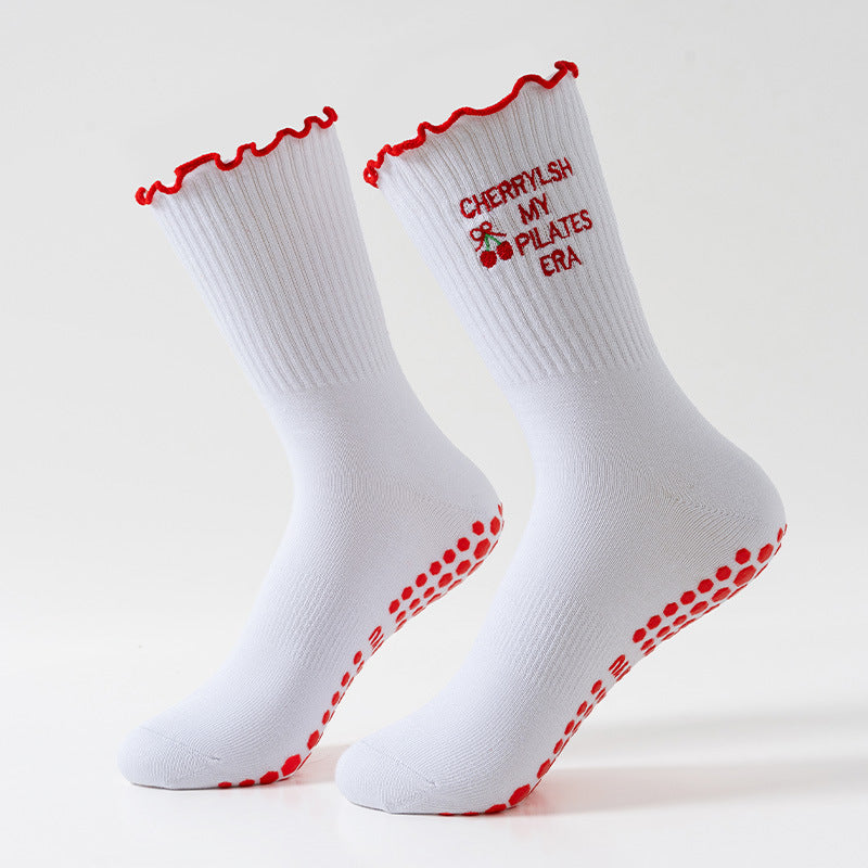 White Cherry Embroidered Ribbed Ruffle Cuff Grip Socks - White - 1