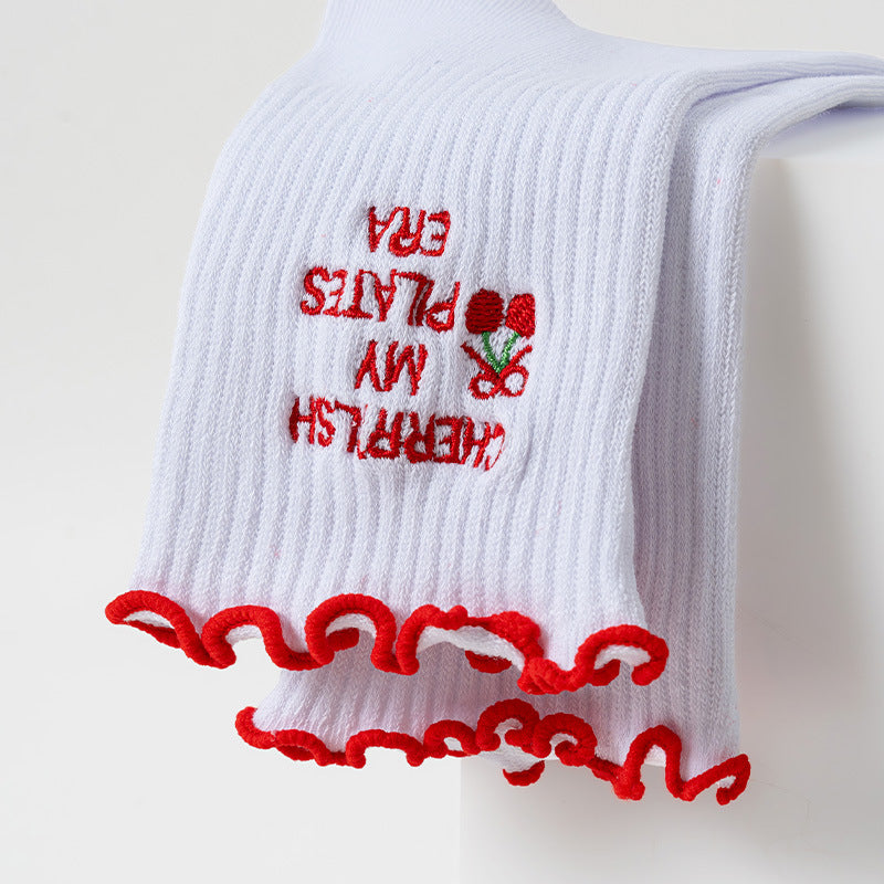 White Cherry Embroidered Ribbed Ruffle Cuff Grip Socks - White - 2
