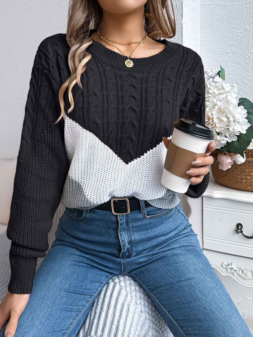Chevron Color Block Cable Knit Sweater - Black