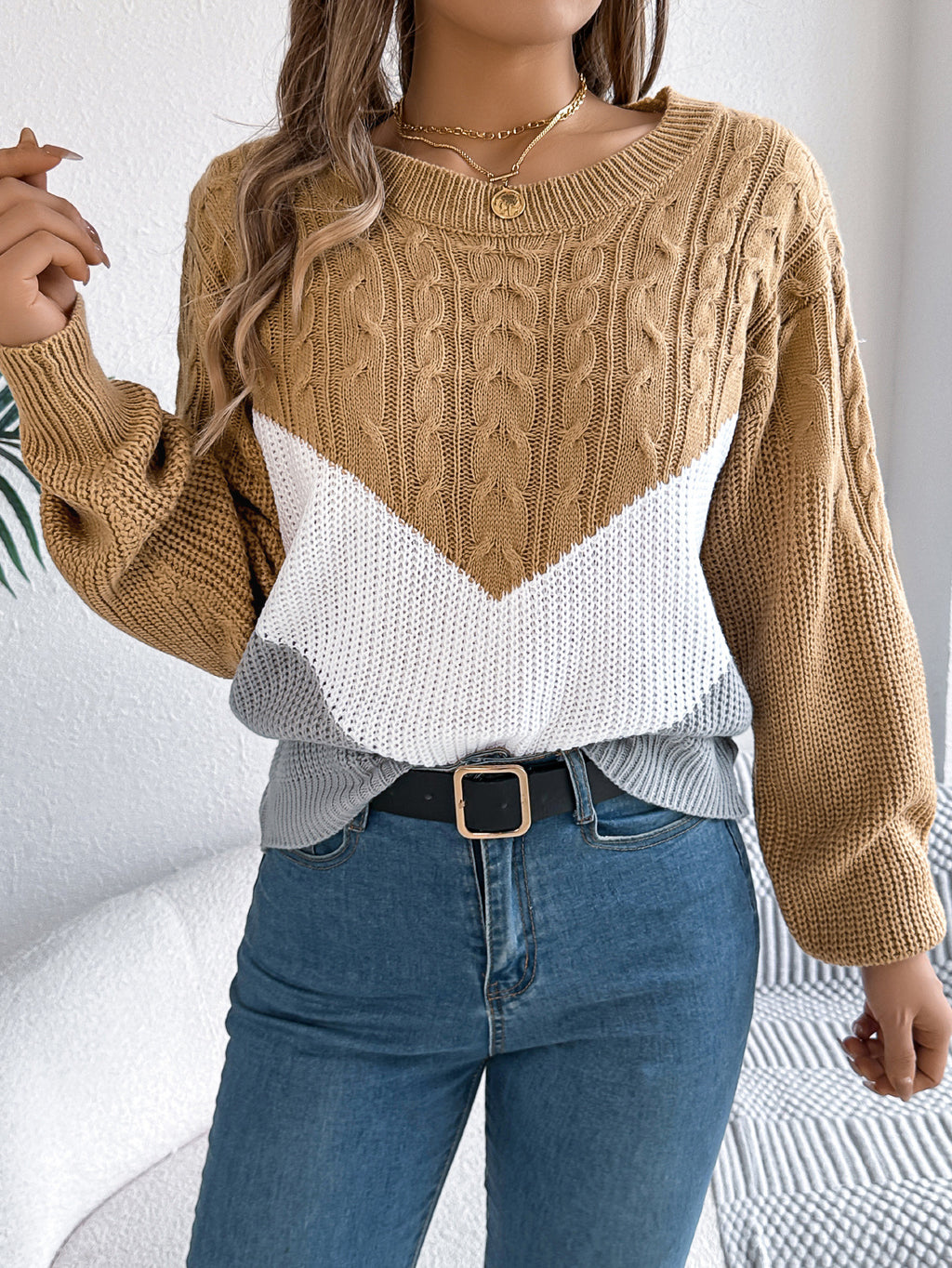 Chevron Color Block Cable Knit Sweater - Khaki