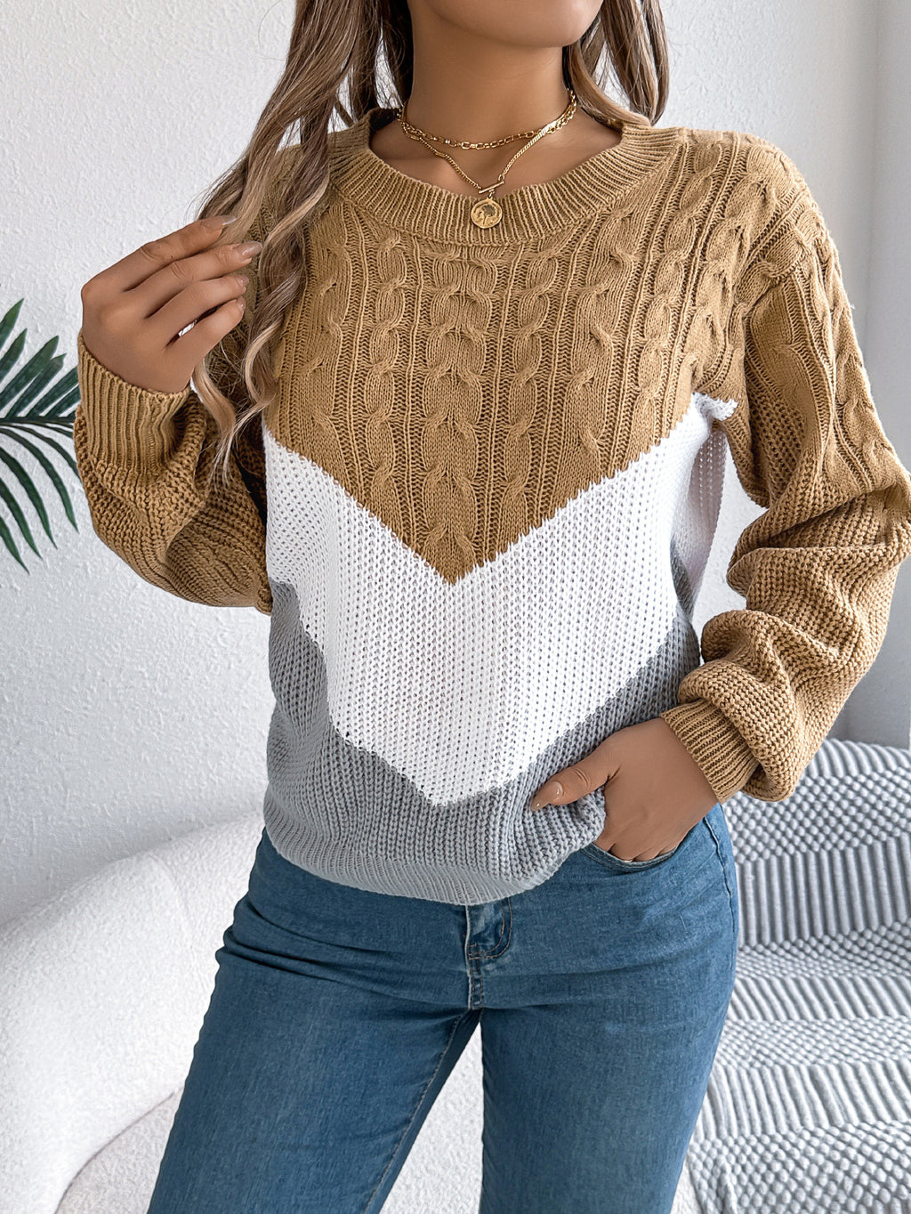Chevron Color Block Cable Knit Sweater - Khaki - 1