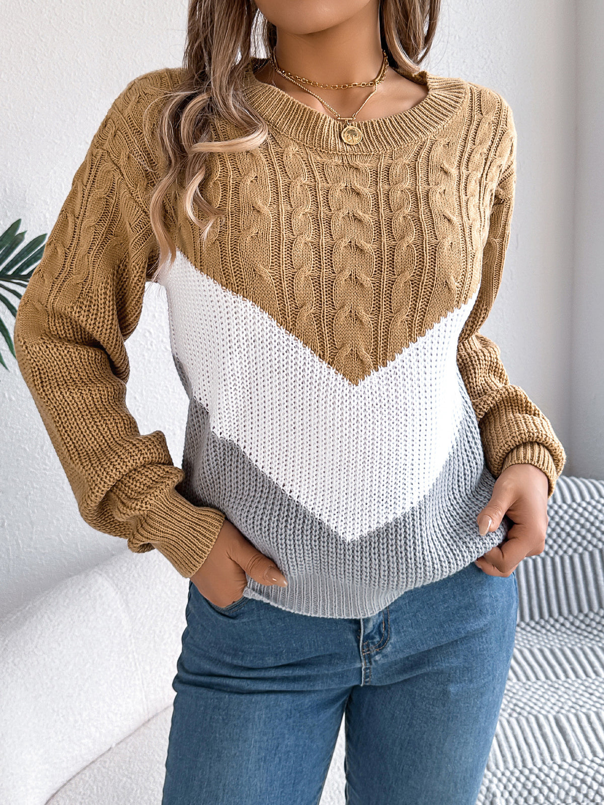 Chevron Color Block Cable Knit Sweater - Khaki - 2