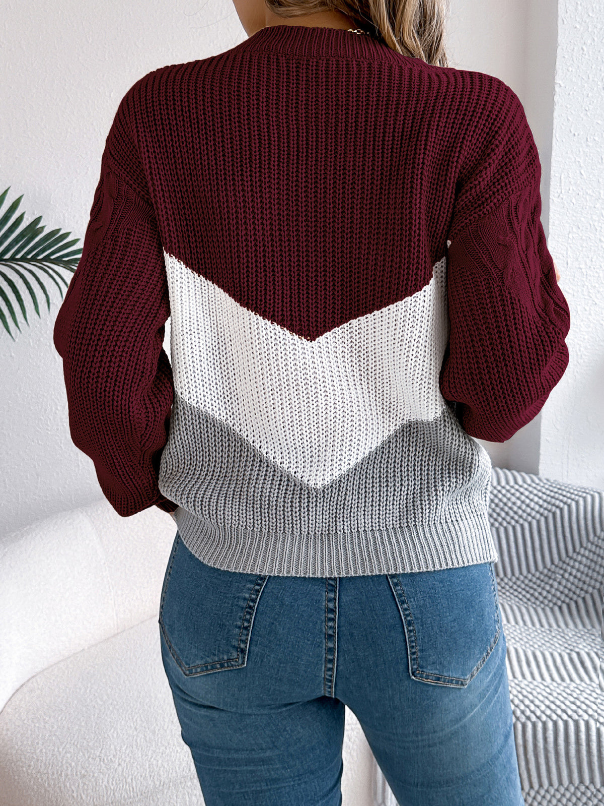 Chevron Color Block Cable Knit Sweater - Winered - 1