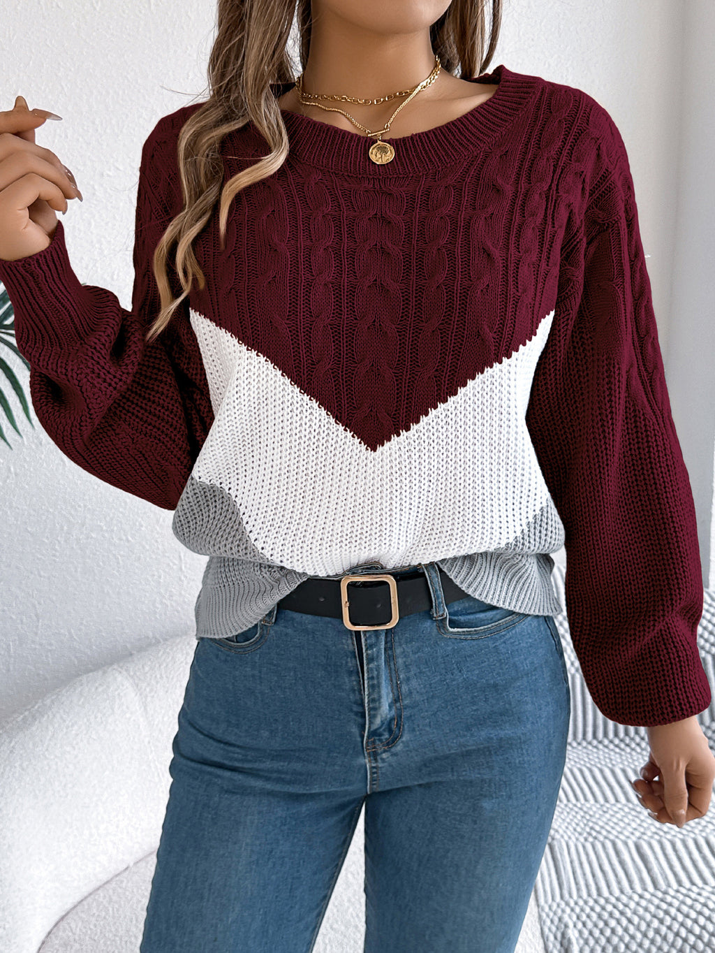 Chevron Color Block Cable Knit Sweater