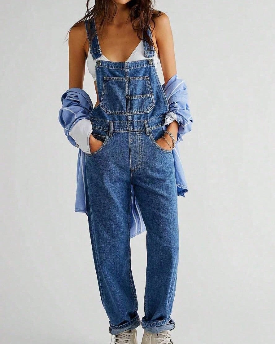 Vintage Wash Relaxed Straight Denim Overalls - Dark_Blue