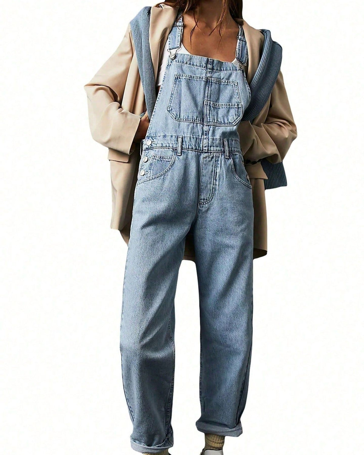 Vintage Wash Relaxed Straight Denim Overalls - Light_Blue