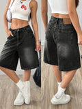 Washed Denim Baggy Wide Leg Bermuda Shorts - Washed Black