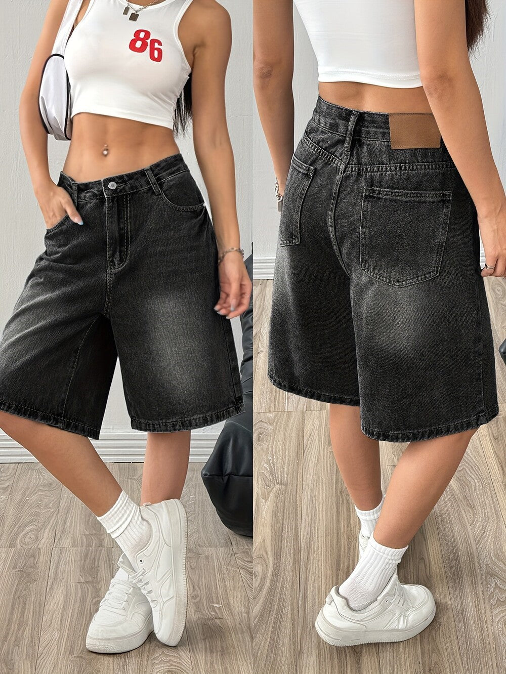 Washed Denim Baggy Wide Leg Bermuda Shorts - Washed Black