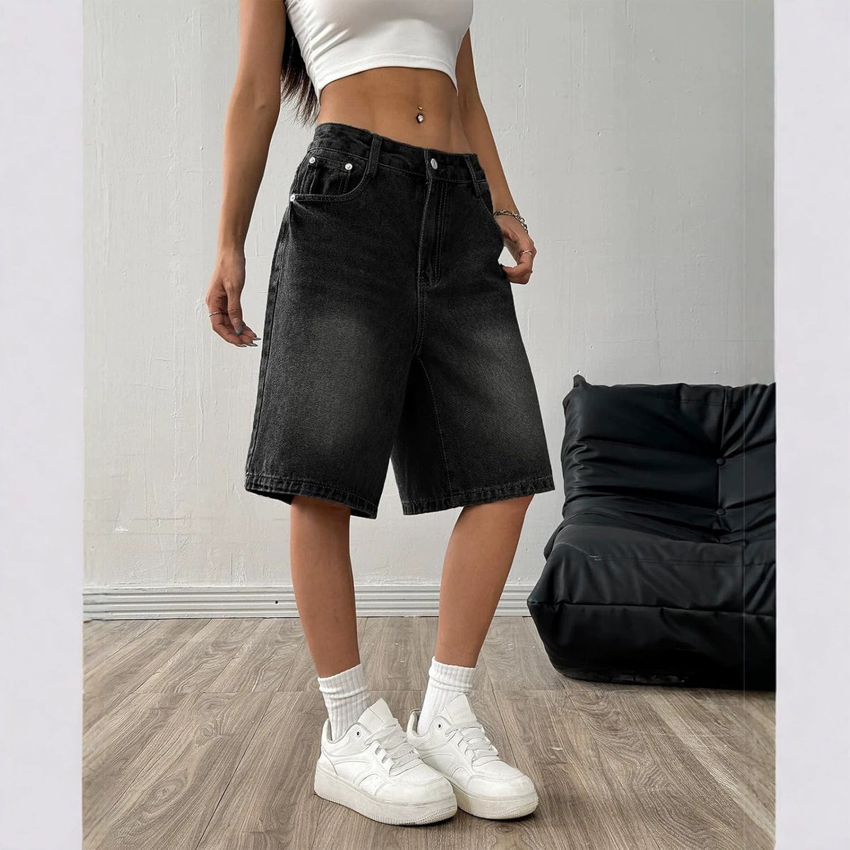 Washed Denim Baggy Wide Leg Bermuda Shorts