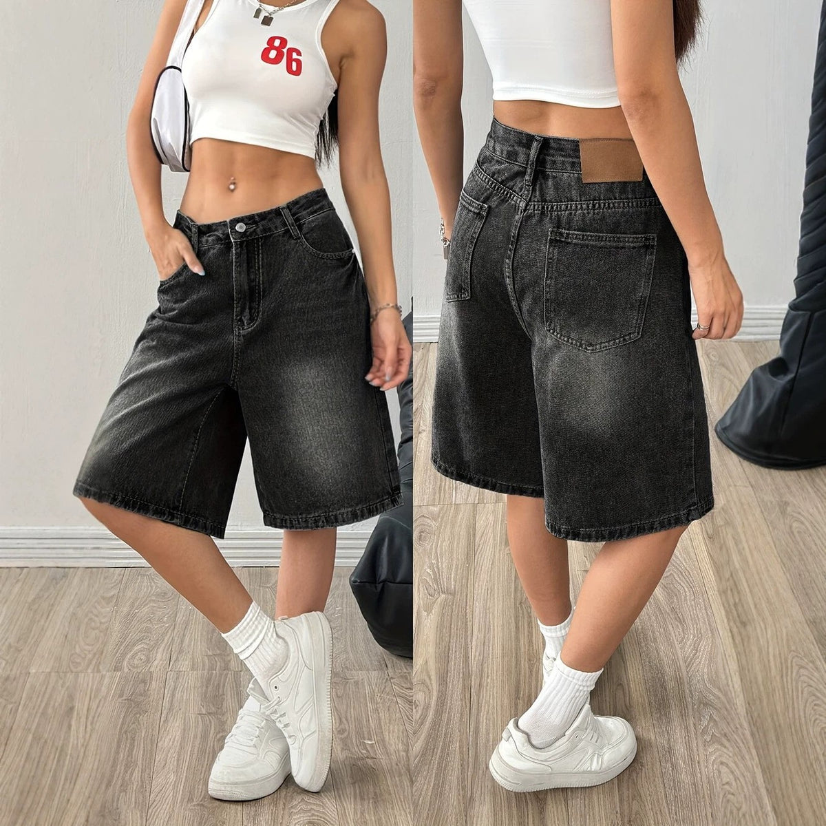 Washed Denim Baggy Wide Leg Bermuda Shorts
