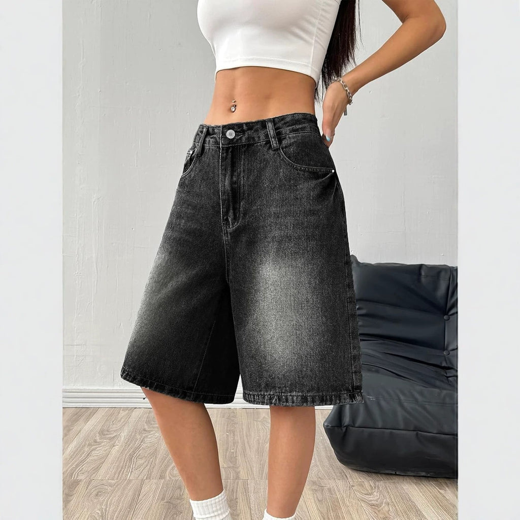 Washed Denim Baggy Wide Leg Bermuda Shorts