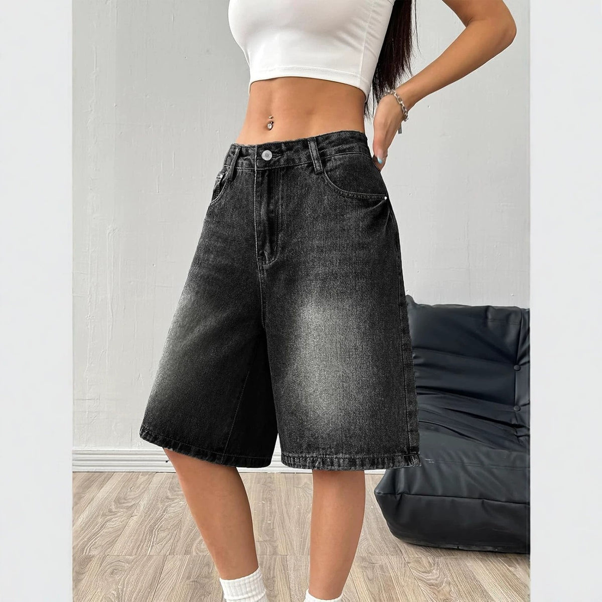 Washed Denim Baggy Wide Leg Bermuda Shorts