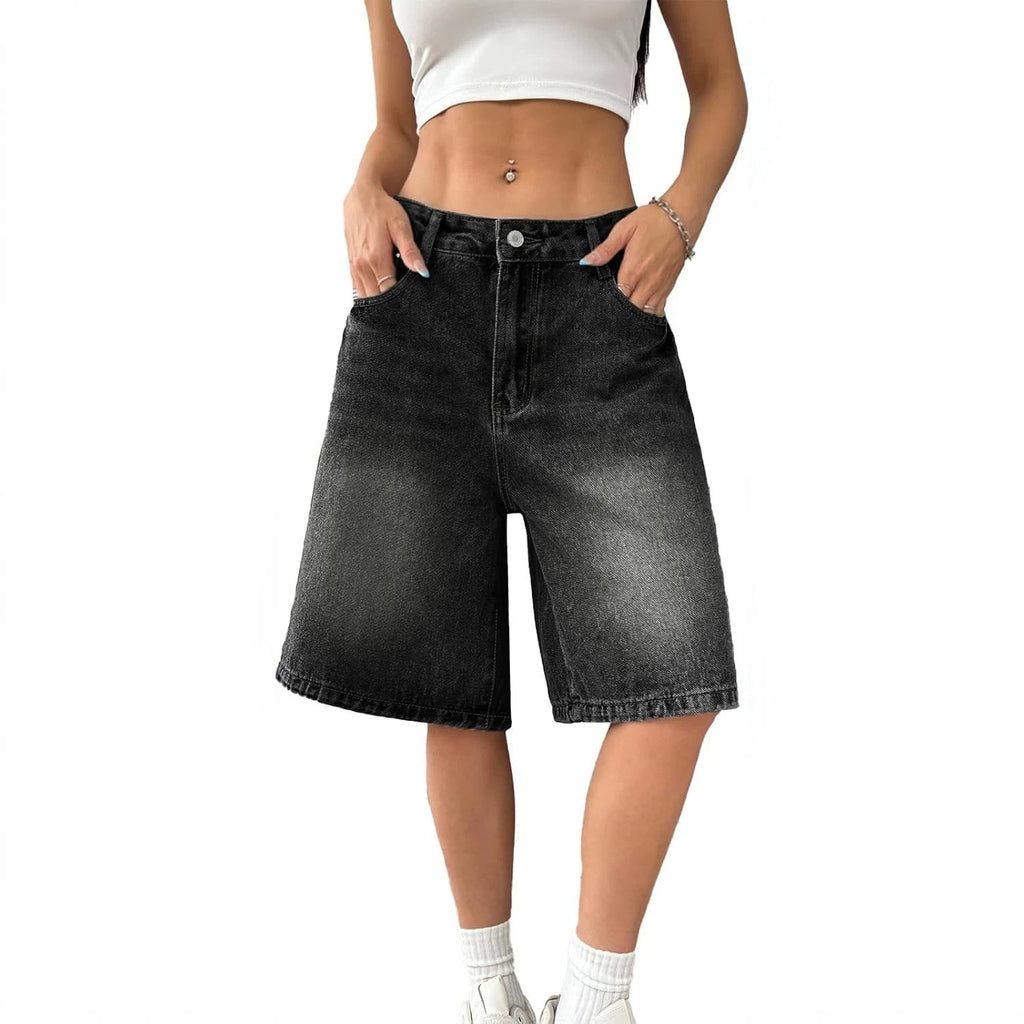 Washed Denim Baggy Wide Leg Bermuda Shorts