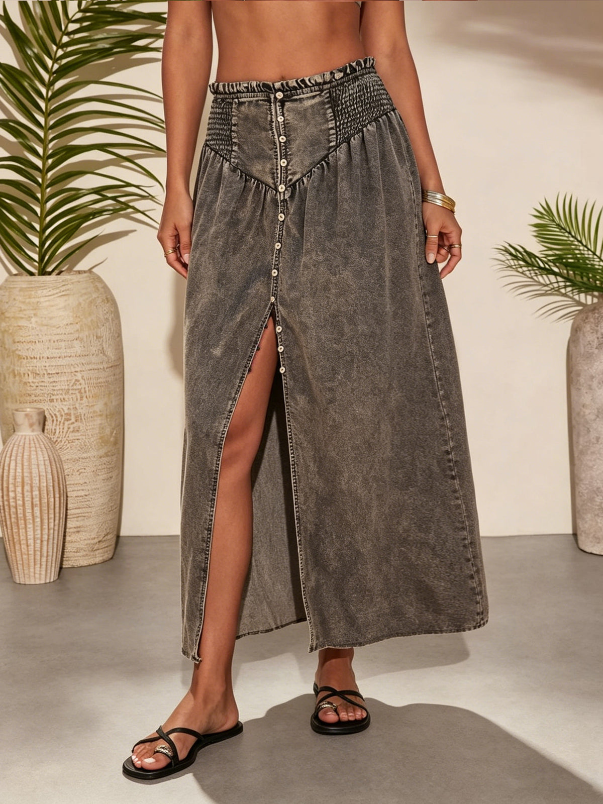 Button Front Washed Denim Maxi Skirt - Black