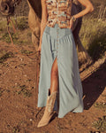 Button Front Washed Denim Maxi Skirt - Blue