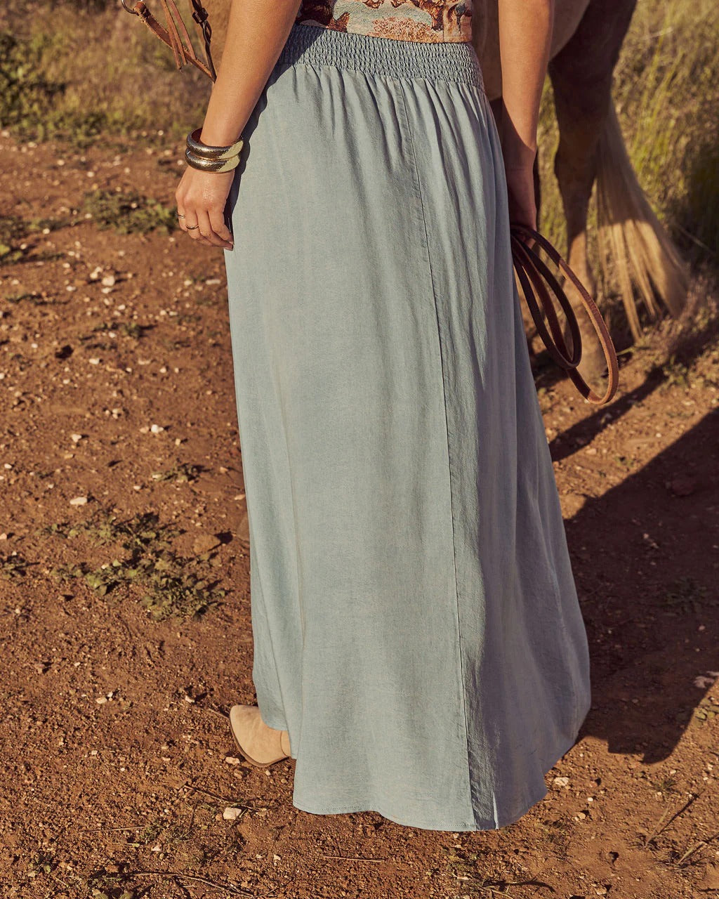 Button Front Washed Denim Maxi Skirt - Blue - 1