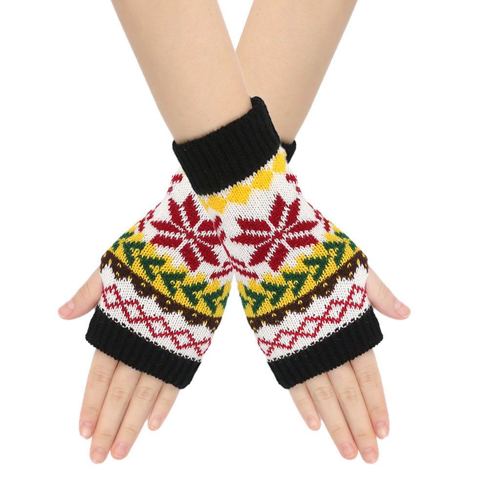 Nordic Snowflake Fingerless Knit Gloves - Black
