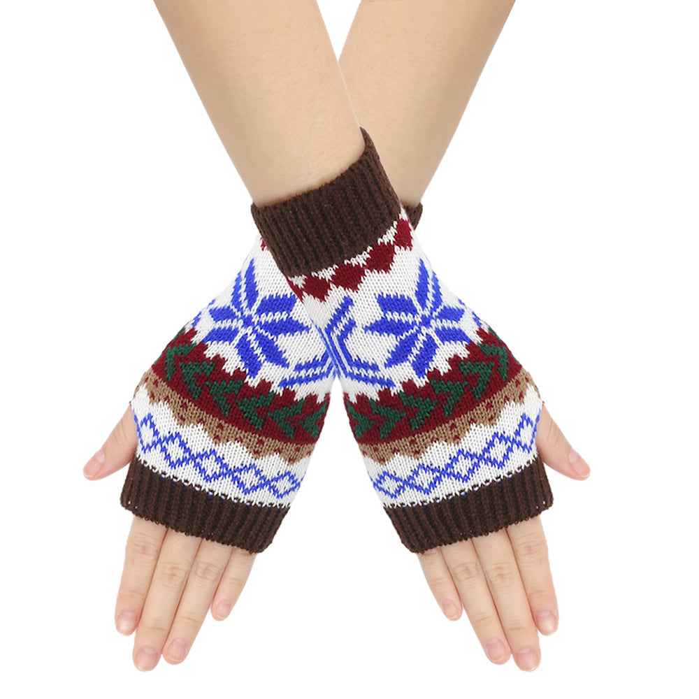 Nordic Snowflake Fingerless Knit Gloves - Coffee