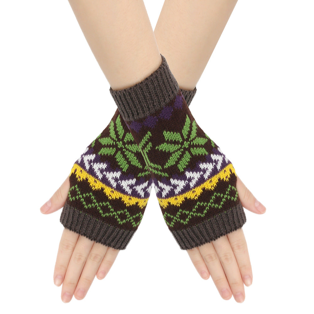 Nordic Snowflake Fingerless Knit Gloves - Dark-Grey