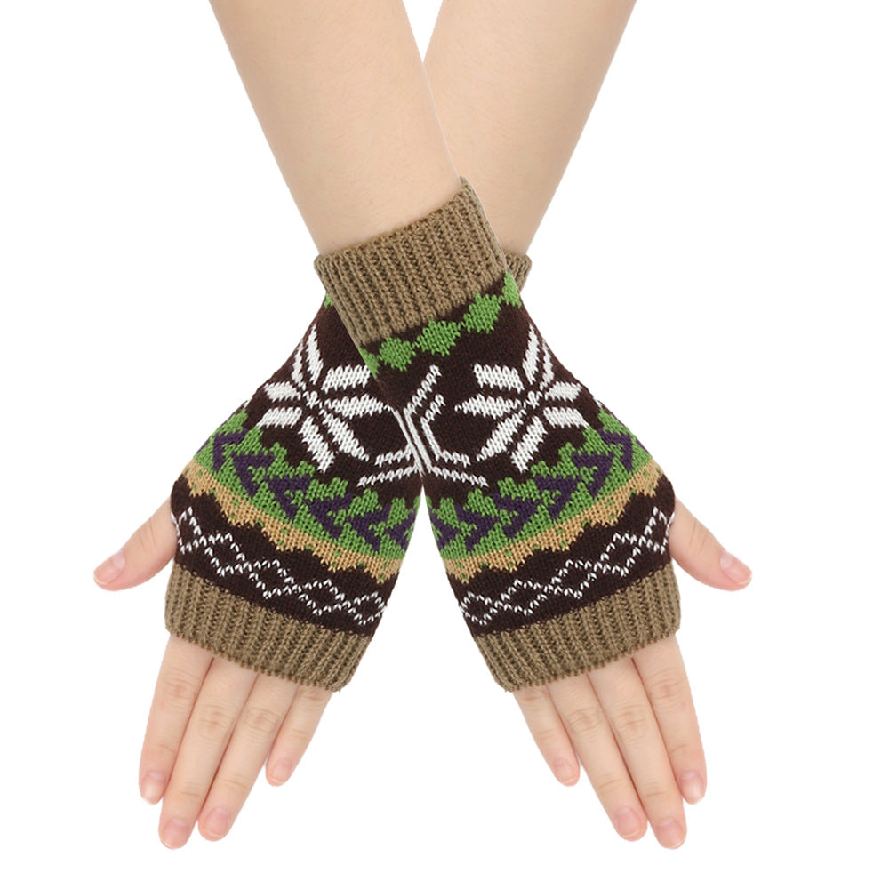 Nordic Snowflake Fingerless Knit Gloves - Khaki