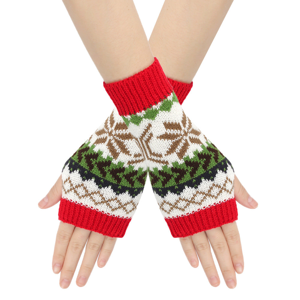 Nordic Snowflake Fingerless Knit Gloves - Red