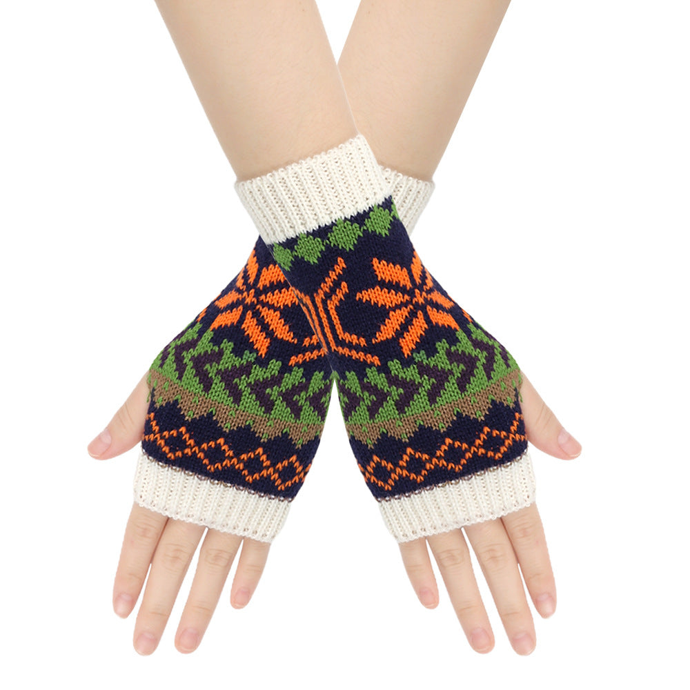 Nordic Snowflake Fingerless Knit Gloves - White