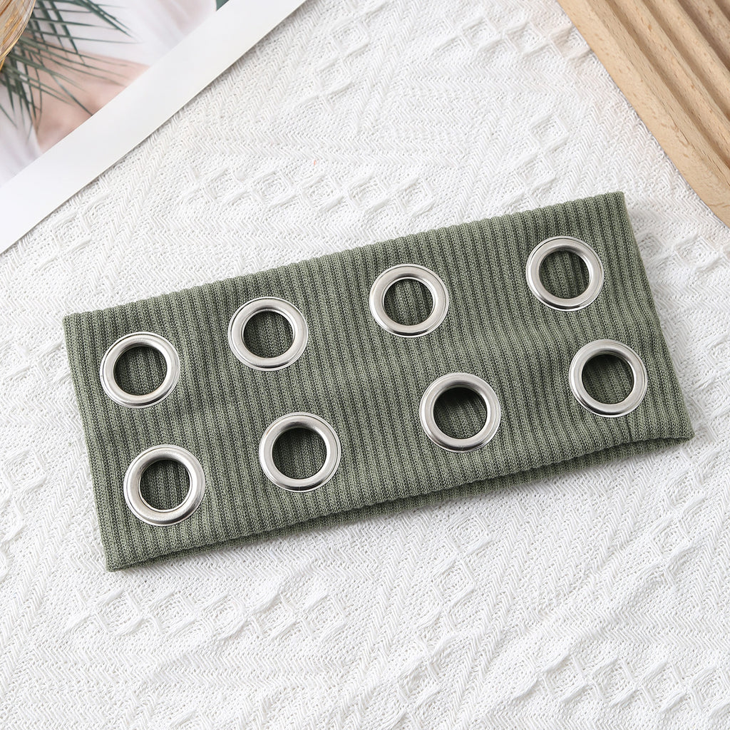 Ribbed Knit Headband With Eyelet Trim - ArmyGreen