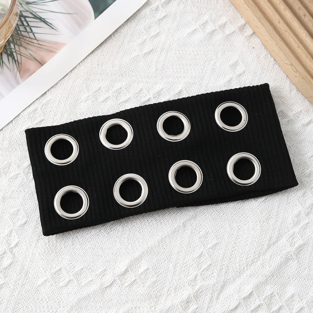 Ribbed Knit Headband With Eyelet Trim - Black