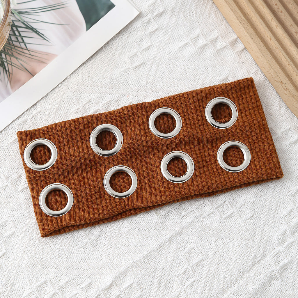 Ribbed Knit Headband With Eyelet Trim - Brown