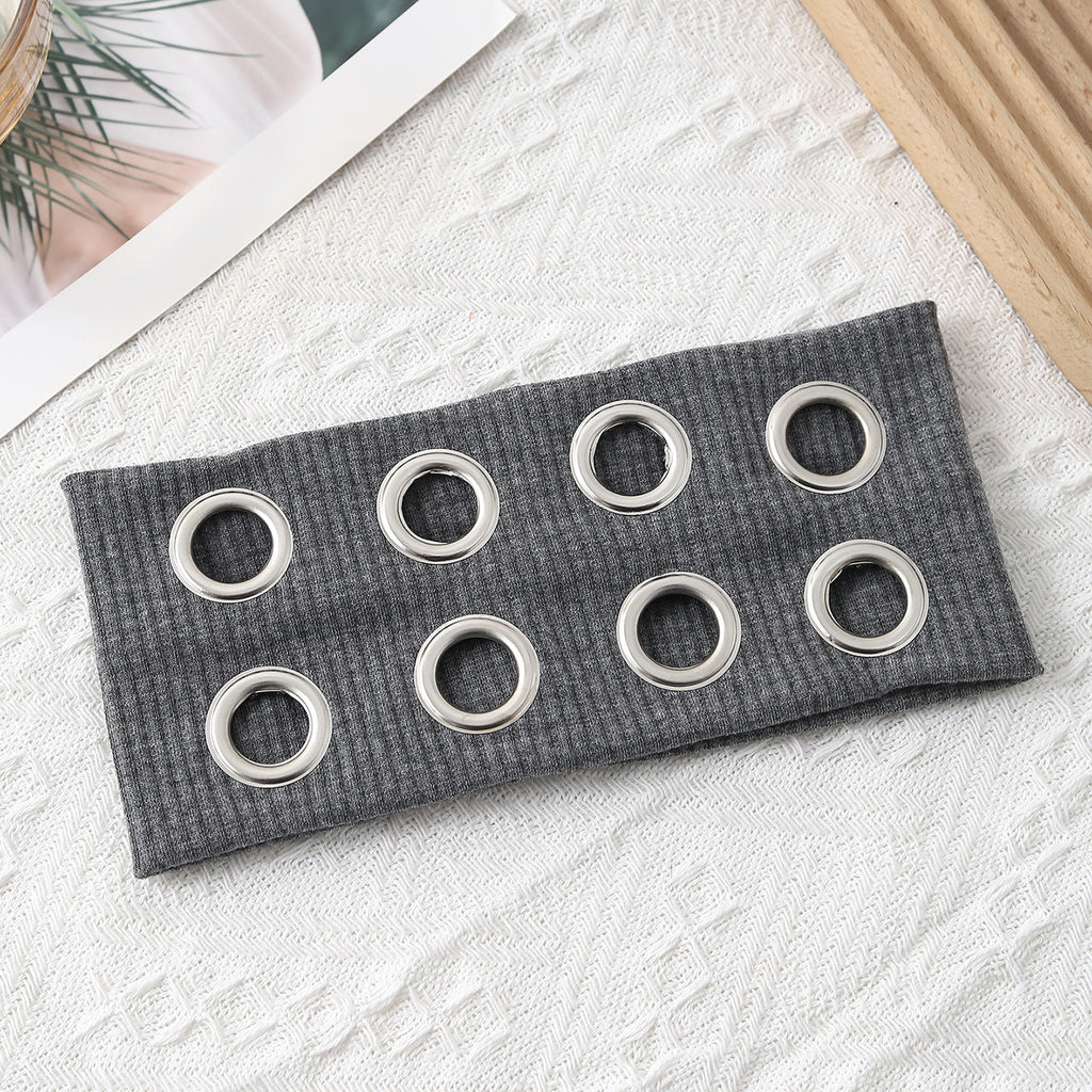 Ribbed Knit Headband With Eyelet Trim - Grey
