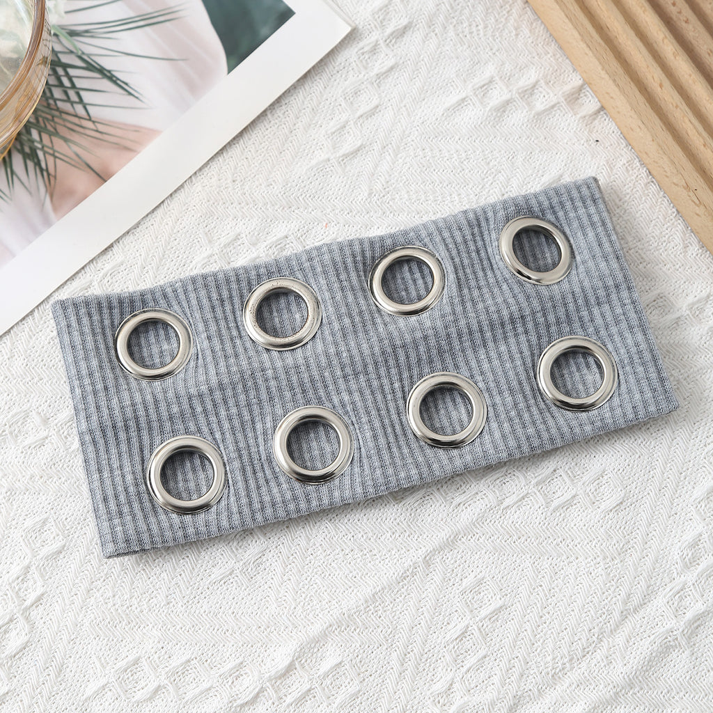 Ribbed Knit Headband With Eyelet Trim - LightGray