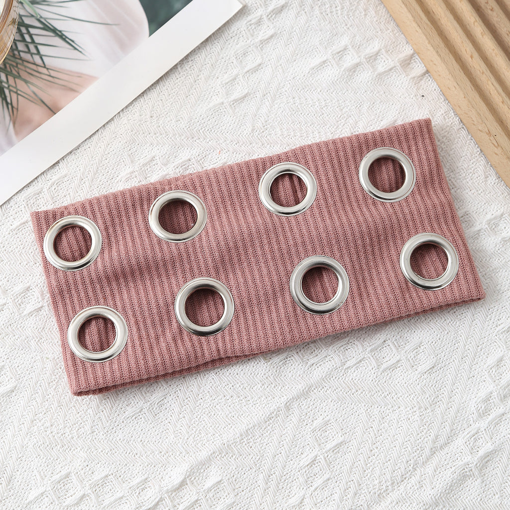 Ribbed Knit Headband With Eyelet Trim - LightPink