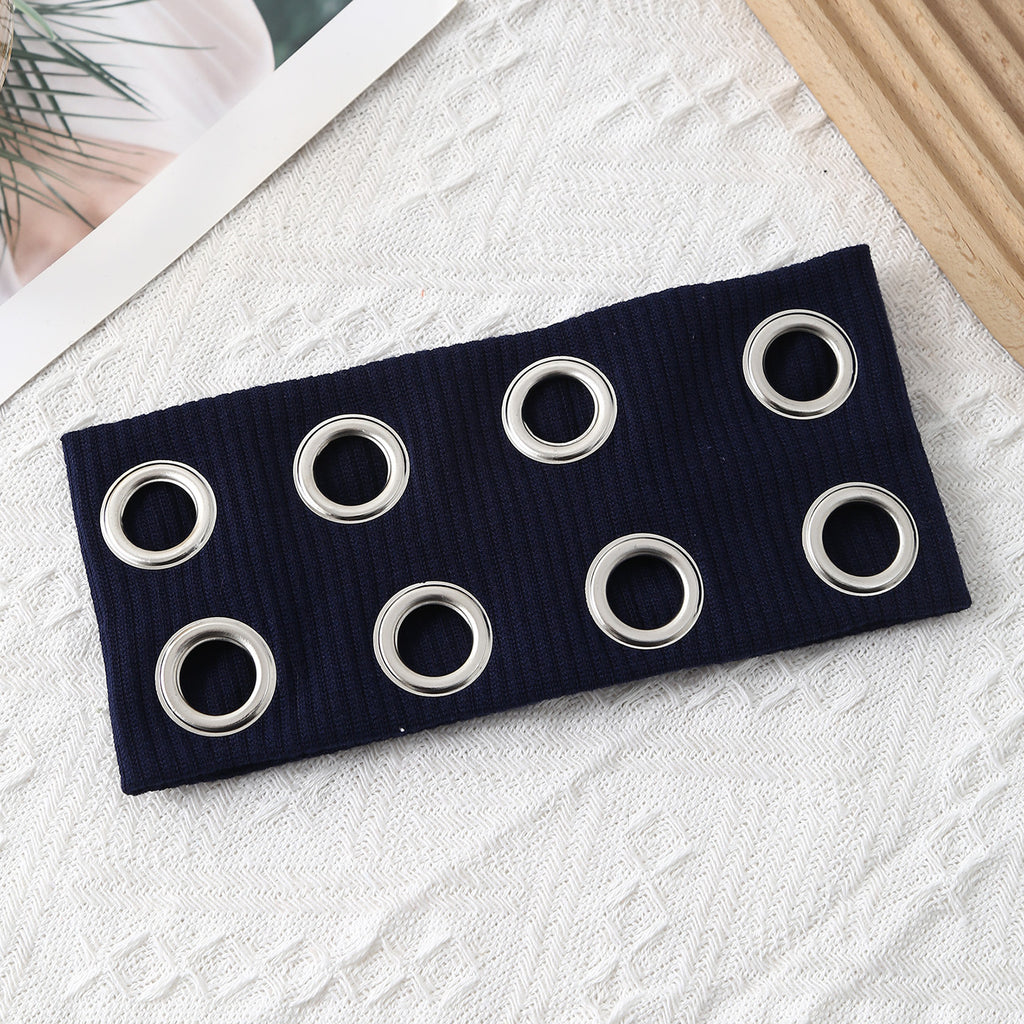 Ribbed Knit Headband With Eyelet Trim - Navy