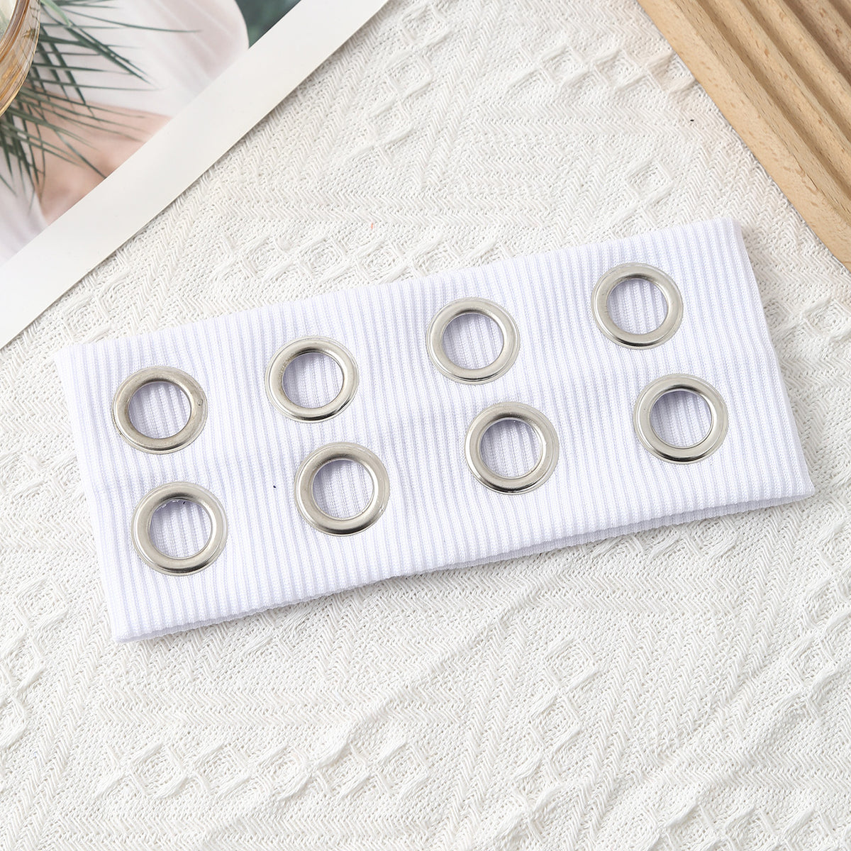 Ribbed Knit Headband With Eyelet Trim - OffWhite