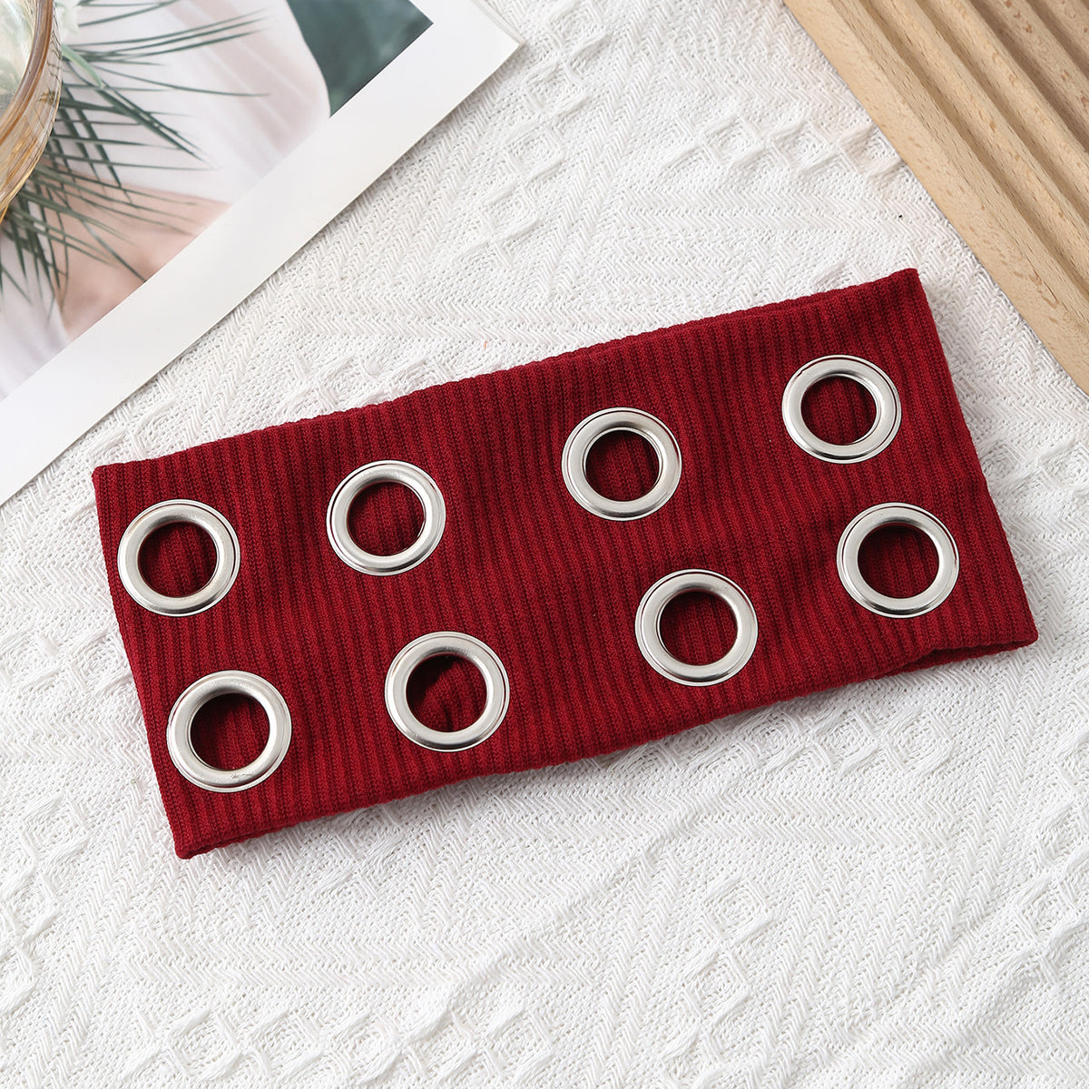 Ribbed Knit Headband With Eyelet Trim - WineRed