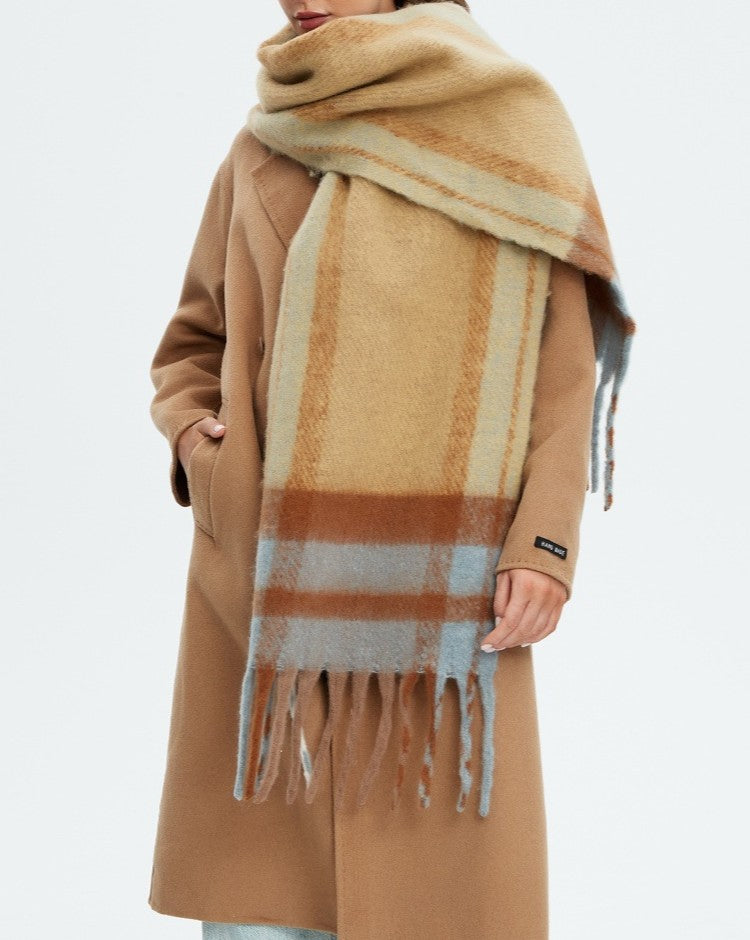 Soft Brushed Plaid Fringed Winter Scarf - camel