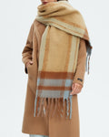 Soft Brushed Plaid Fringed Winter Scarf - camel