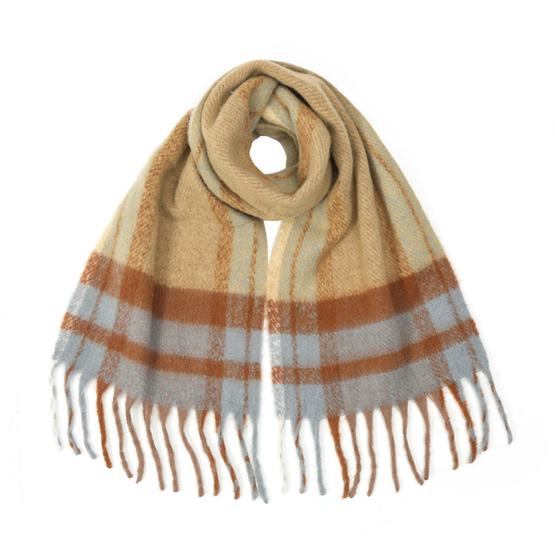 Soft Brushed Plaid Fringed Winter Scarf - camel - 1